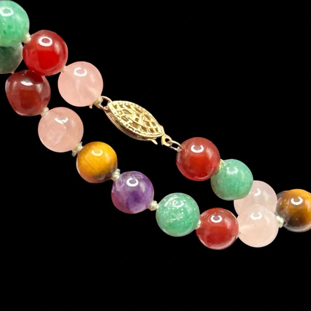Long Vintage Genuine Gemstone Bead Necklace Hand Knotted